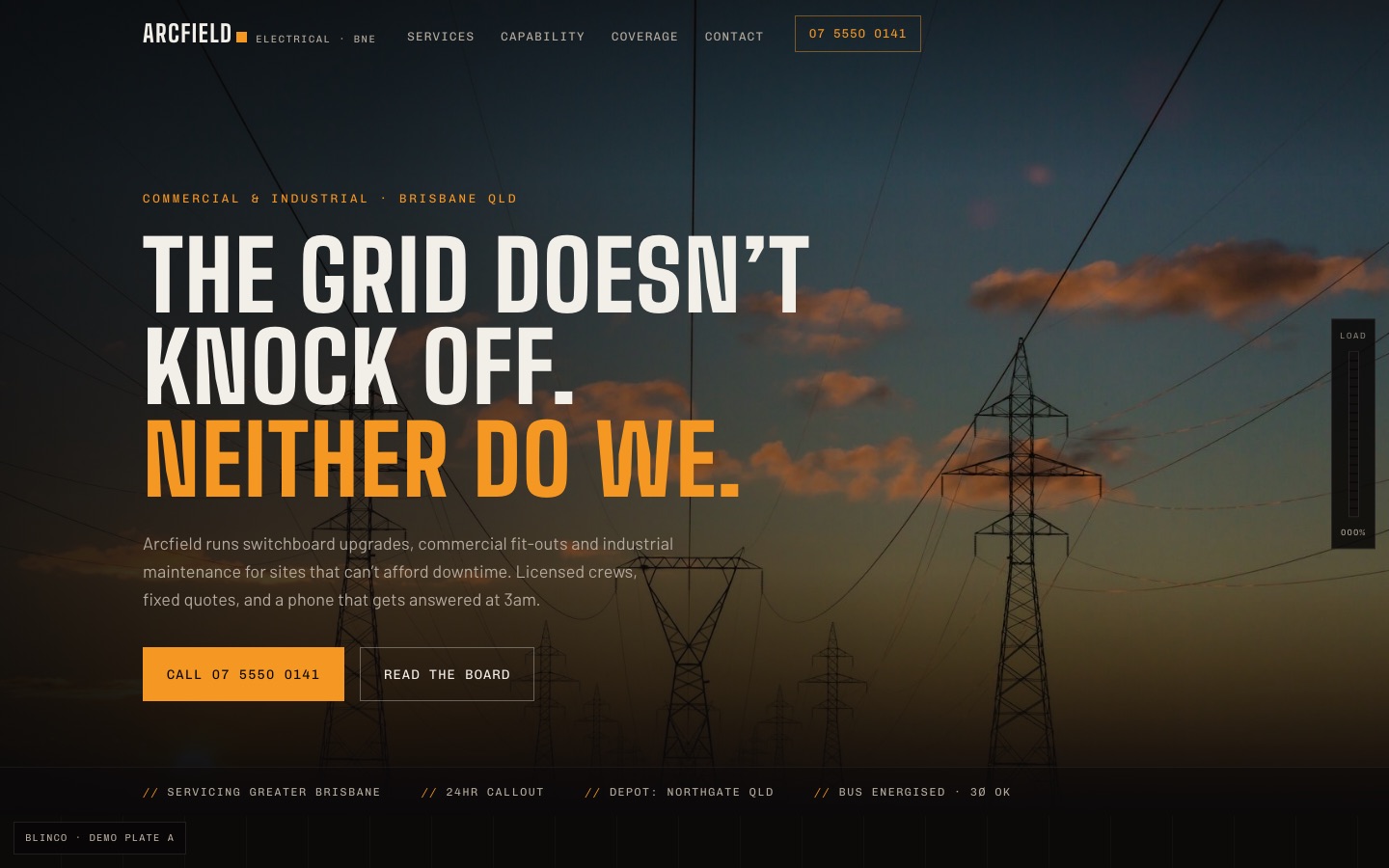 Cover of the Arcfield Electrical demonstration site: dark industrial page with amber accents