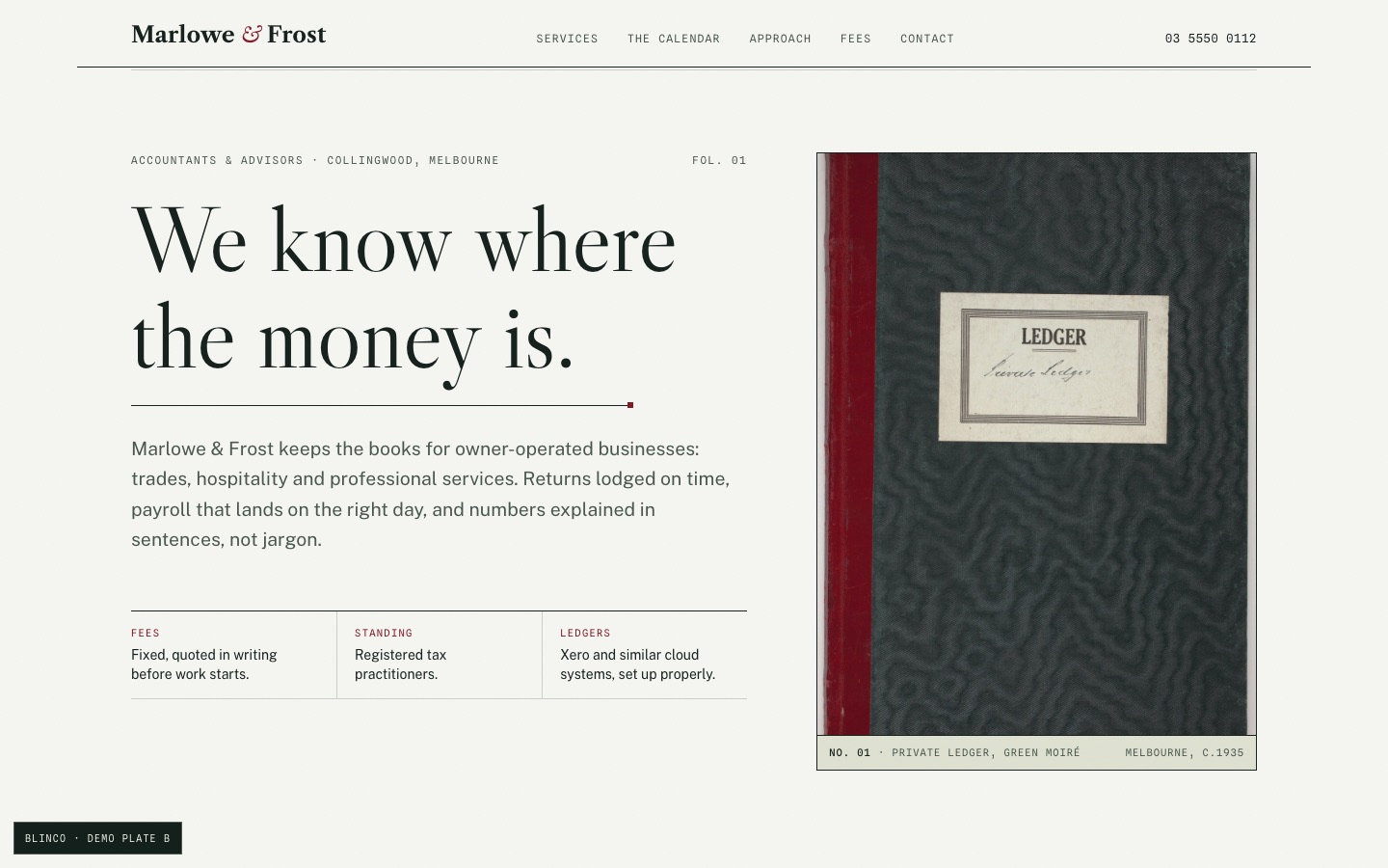 Cover of the Marlowe and Frost demonstration site: editorial page in bottle green and cream around a vintage ledger photograph